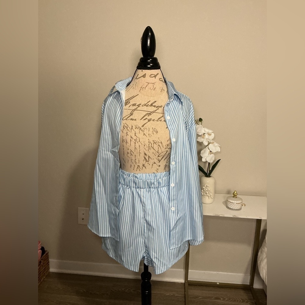 DO NOT BUY. “SOLD” Blue Striped Button-Up Shirt and Shorts Set - Picture 1 of 9